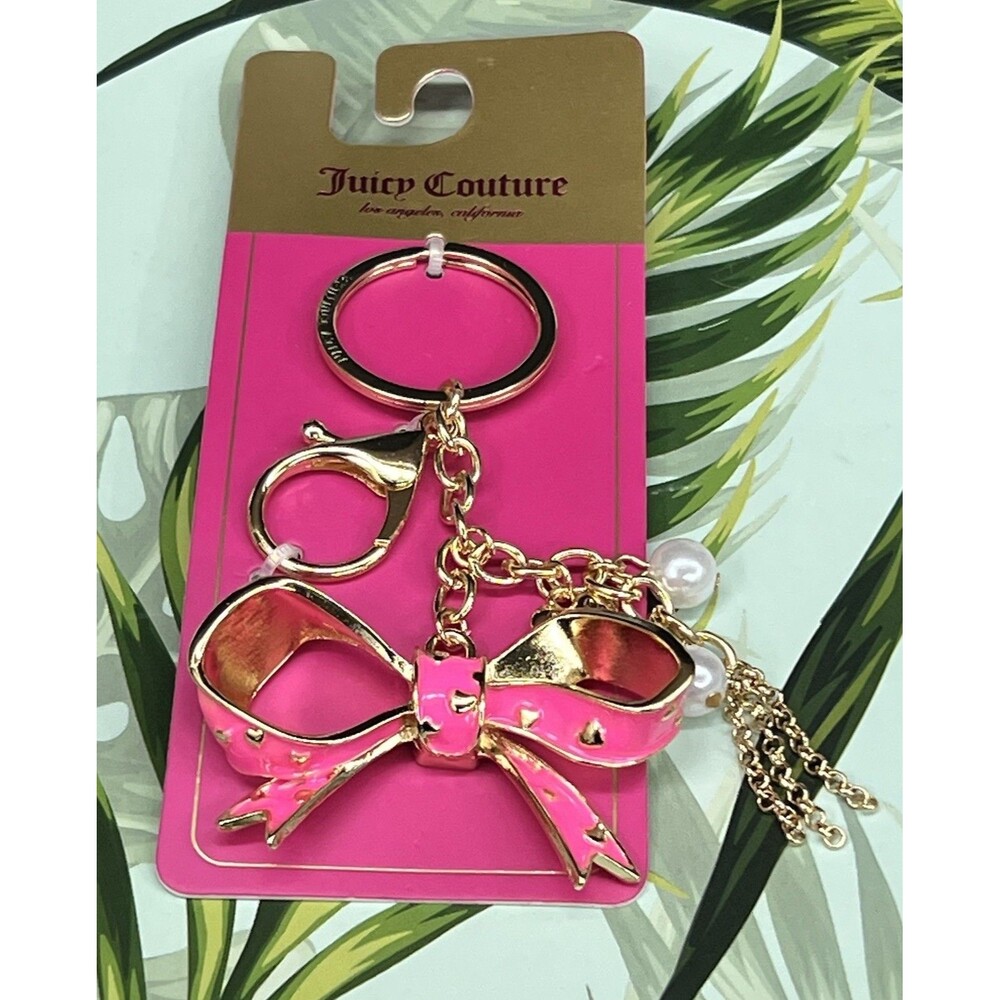 RARE Juicy Couture BOW Keychain Bag Charm Hot Pink Enameled Heart Pearl BLING